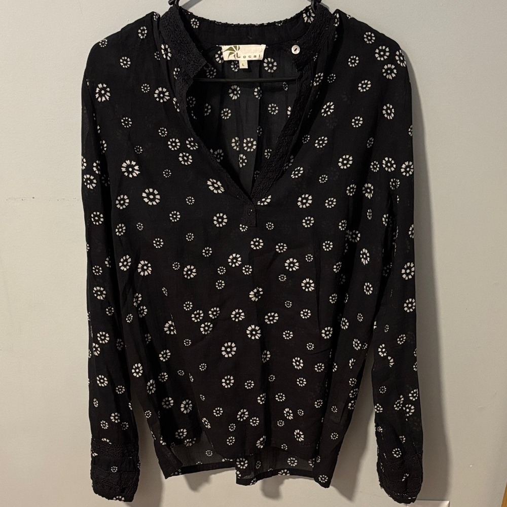 Italian Womens‎ Black Floral Cotton Crochet Lace Trim V-Neck Blouse Large